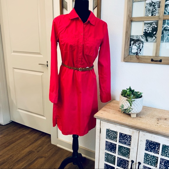 Fuchsia Long Sleeve Collard Shift Dress with Belt - Picture 2 of 8